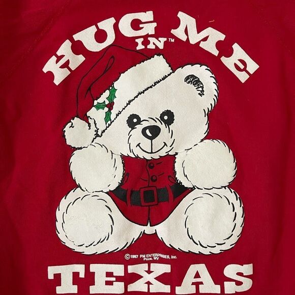 VTG 1987 Red Hug Me In Texas 80s Christmas Teddy Bear Sweatshirt NWOT - Picture 2 of 8
